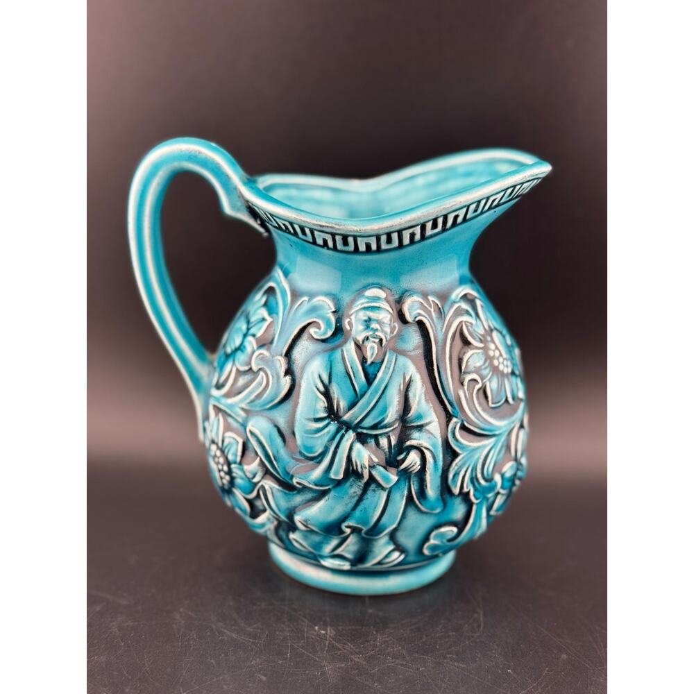 Vintage Japanese Majolica Teal Blue Pitcher